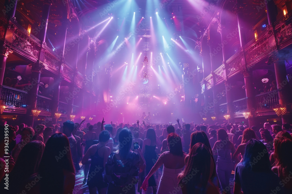 Excited crowd dancing under colorful lights at nightclub