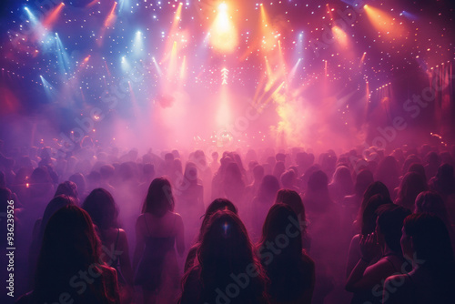 Colorful nightclub crowd at live music concert