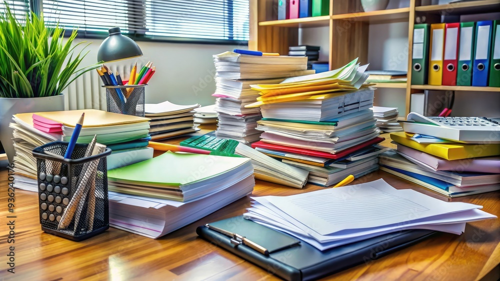 Obraz premium A cluttered workspace with scattered legal documents, files, and paperwork, including contracts, agreements, and certificates, surrounded by pens, highlighters, and a calculator.