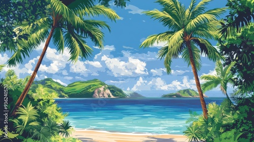 Tropical beach with palm trees, turquoise water, and lush green islands in the distance.