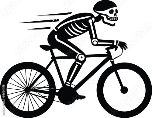 Skeleton riding bicycle silhouette illustration black and white