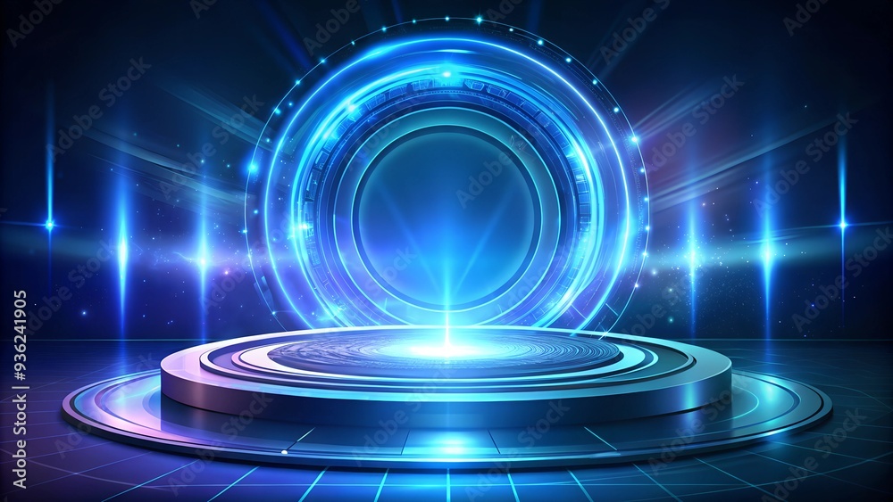 High-tech 3D-rendered podium with a circular digital portal, illuminated by intense blue light. Perfect for futuristic product presentations with available copy space. High-tech 3D-rendered podium with a circular digital portal, illuminated by intense blue light. Perfect for futuristic product presentations with available copy space.