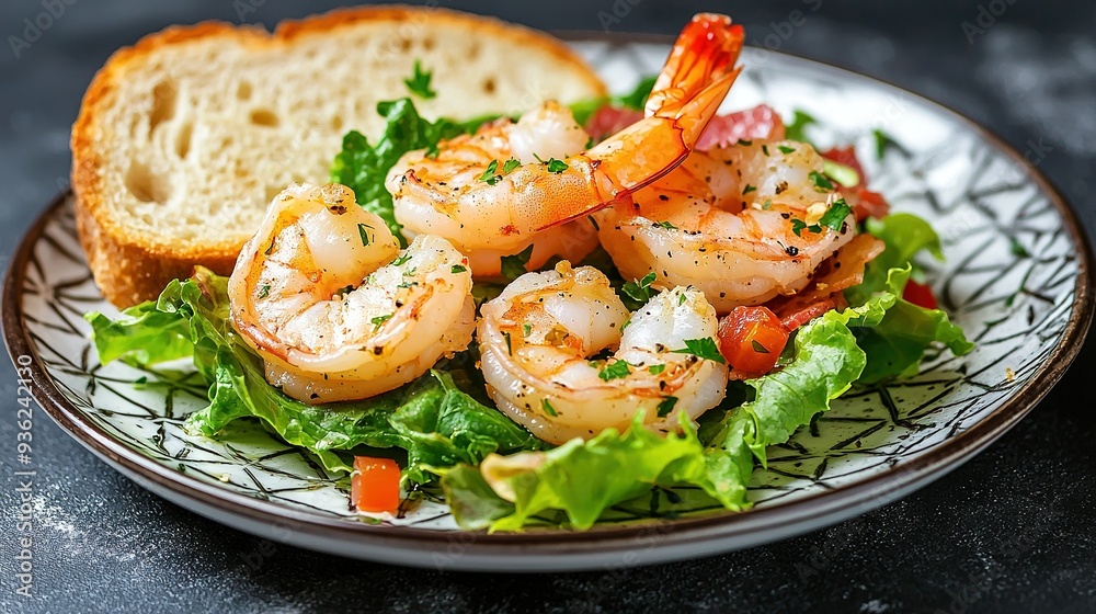A plate of succulent shrimp atop a bed of lush lettuce beside a slice of toasted bread on a sleek black table A plate of succulent shrimp atop a bed of lush lettuce beside a slice of toasted bread on a sleek black table