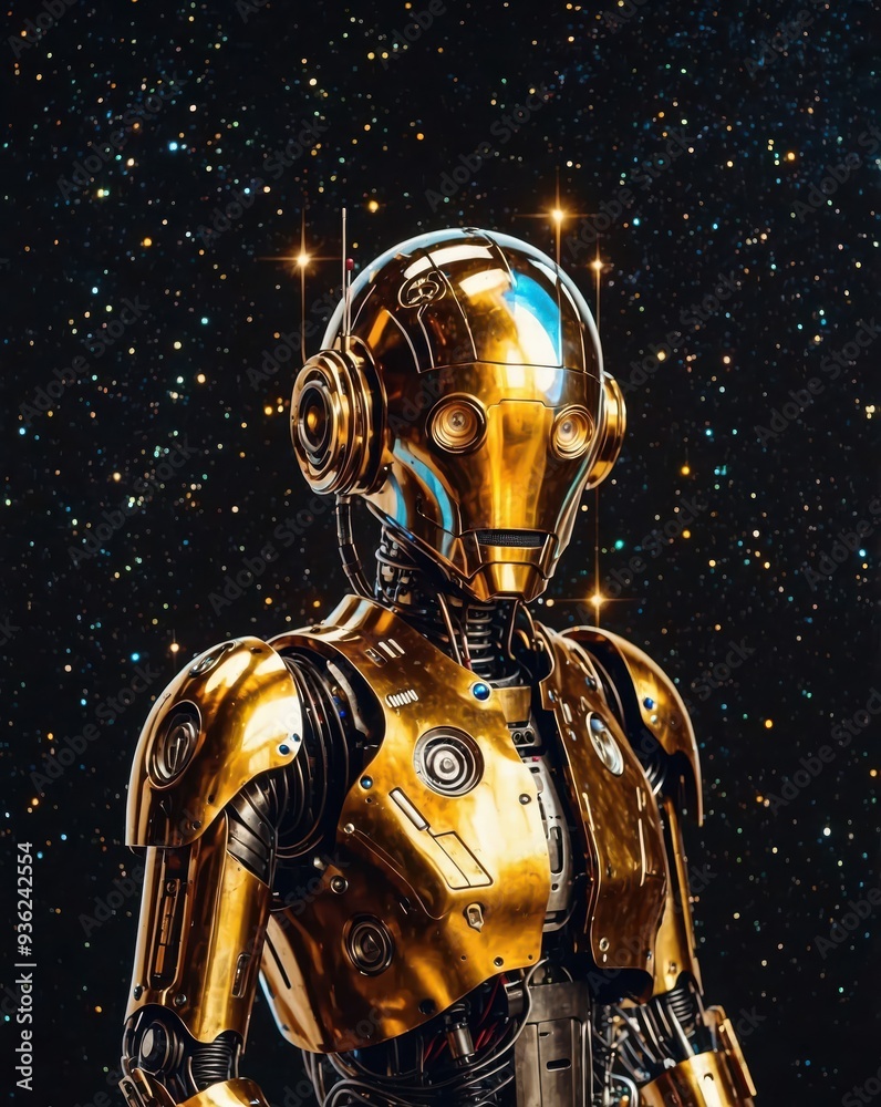 Naklejka premium A golden humanoid robot with intricate mechanical features, round eyes, and a futuristic design, set against a starry space backdrop, evoking advanced technology and space exploration. AI-Generated 