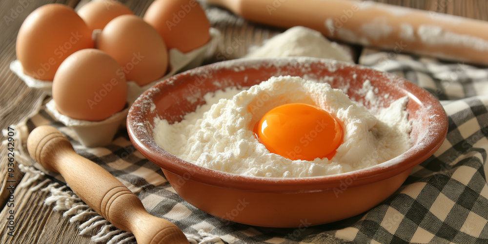 Baking Ingredients Eggs, Flour, and Rolling Pins for Homemade Pastry Baking Ingredients Eggs, Flour, and Rolling Pins for Homemade Pastry