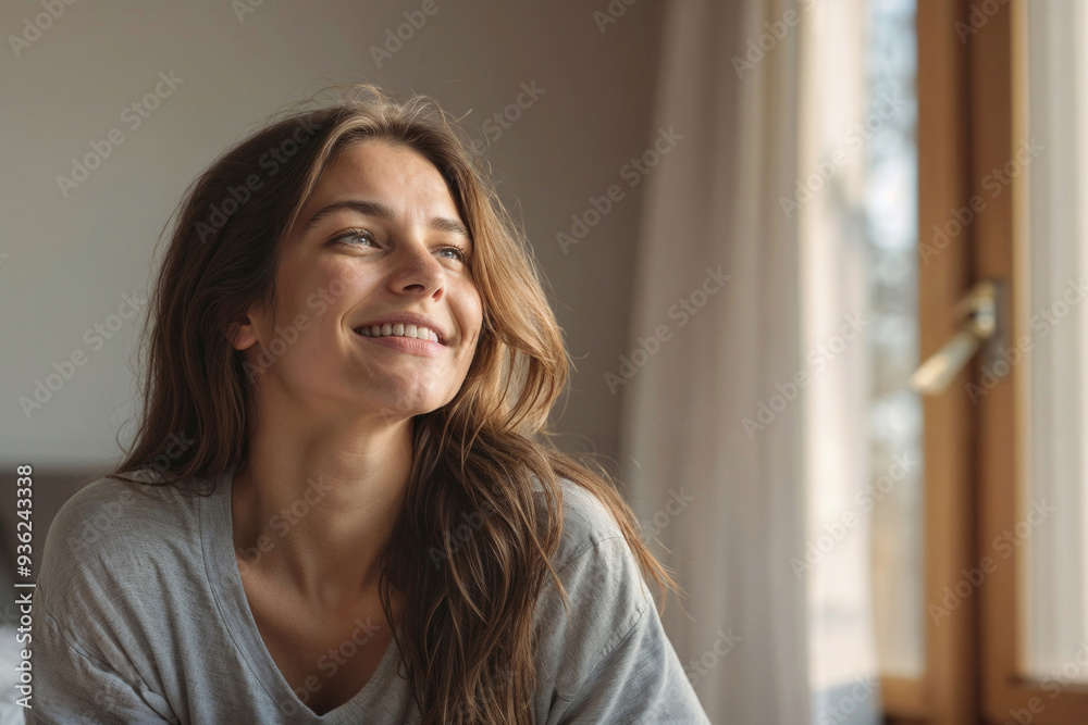 Portrait of beautiful teenager girl wakes up in the morning, sun shines on her from a large window. Happy young girl meets a new day Portrait of beautiful teenager girl wakes up in the morning, sun shines on her from a large window. Happy young girl meets a new day