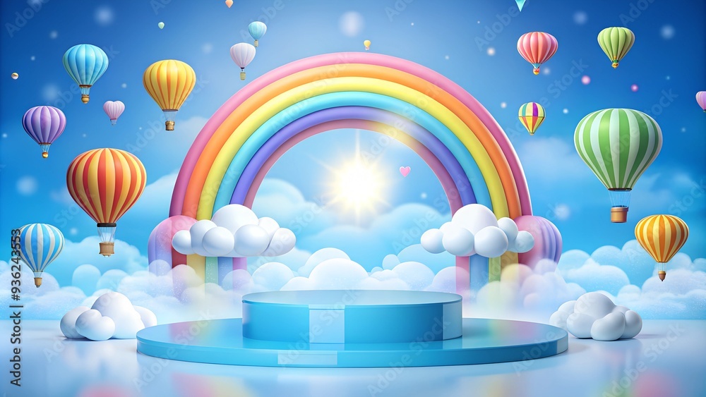 3D rendering of a colorful rainbow-themed podium with hot air balloons and clouds. Perfect for whimsical product displays in a vibrant, fantasy-like setting with ample copy space. 3D rendering of a colorful rainbow-themed podium with hot air balloons and clouds. Perfect for whimsical product displays in a vibrant, fantasy-like setting with ample copy space.