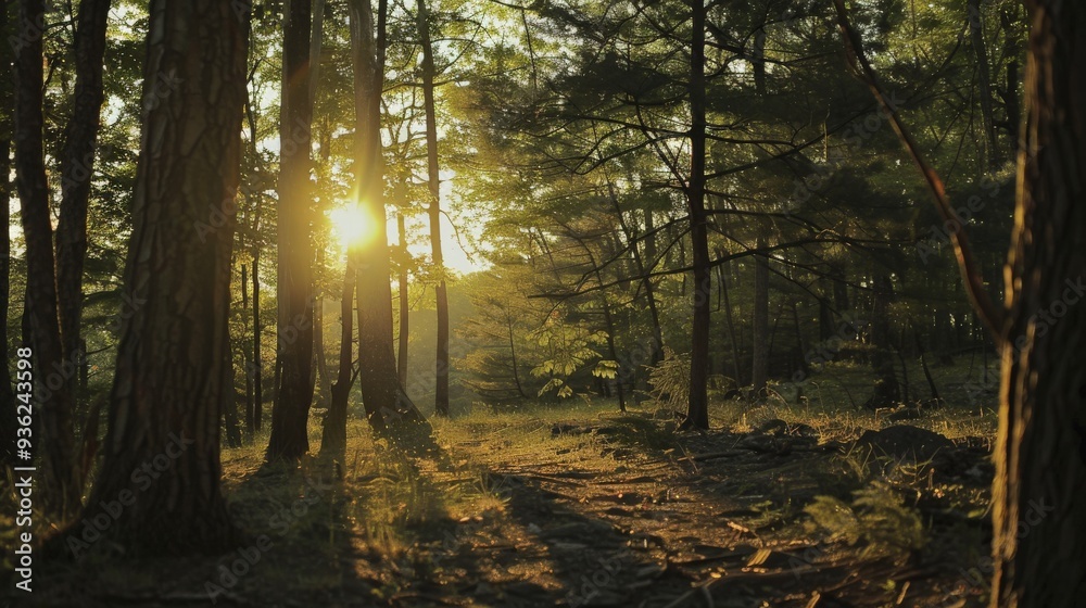 Obraz premium Sunrise Filtering Through Forest Trees