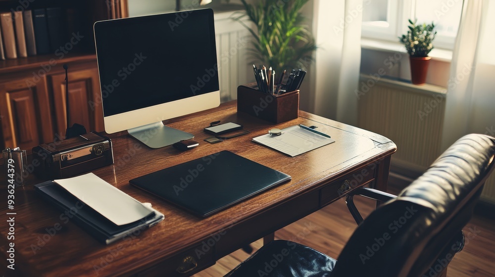 A desk with a laptop, a book, a pen, and a plant A desk with a laptop, a book, a pen, and a plant