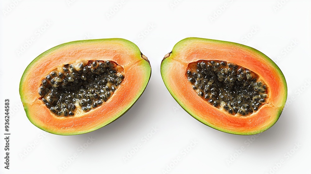 Two halves of a papaya on a white background, one cut in half and the other cut in half Two halves of a papaya on a white background, one cut in half and the other cut in half