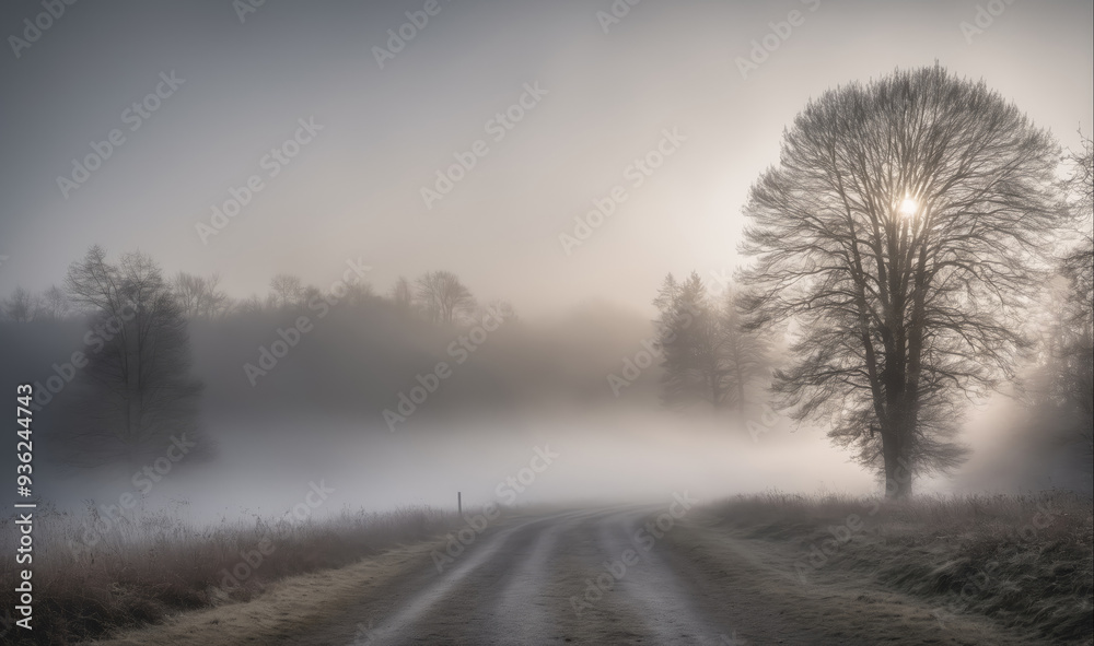 A lone tree stands tall in a misty forest on a cold morning A lone tree stands tall in a misty forest on a cold morning