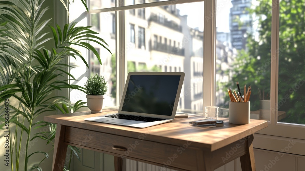 A desk with a laptop, a book, a pen, and a plant A desk with a laptop, a book, a pen, and a plant