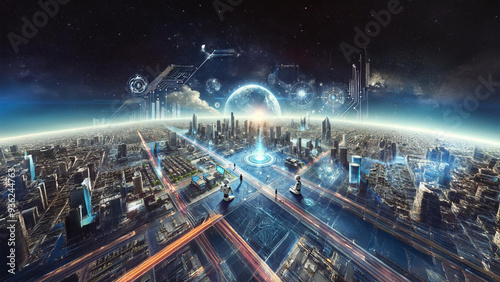 Wallpaper Mural Futuristic Smart City: AI-Powered Urban Landscape with Advanced Technology and Robotics  Torontodigital.ca