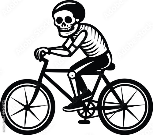 Skeleton riding bicycle silhouette illustration black and white