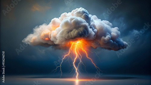 a single very small puffy cloud with a glowing realistic white orange lighting bolt coming from the bottom of the cloud striking angled photo