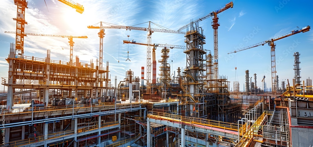 Construction Cranes at an Industrial Refinery Plant Construction Cranes at an Industrial Refinery Plant