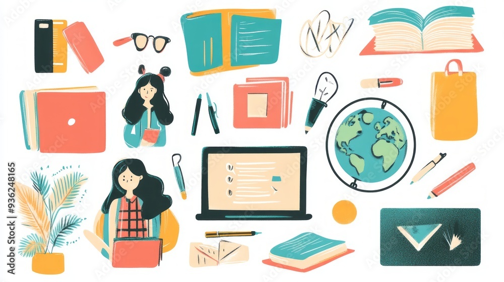 Stylish Education Collage: Cutout Halftone Elements Featuring Stationery, Books, a Laptop, a Student Girl, and a Globe, Perfect for Modern Back-to-School Graphics Stylish Education Collage: Cutout Halftone Elements Featuring Stationery, Books, a Laptop, a Student Girl, and a Globe, Perfect for Modern Back-to-School Graphics