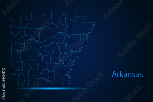 Abstract High Detailed Glow Blue Map on Dark Background of Map of Arkansas symbol for your web site design map logo, app, Travel. Vector illustration eps 10.	
