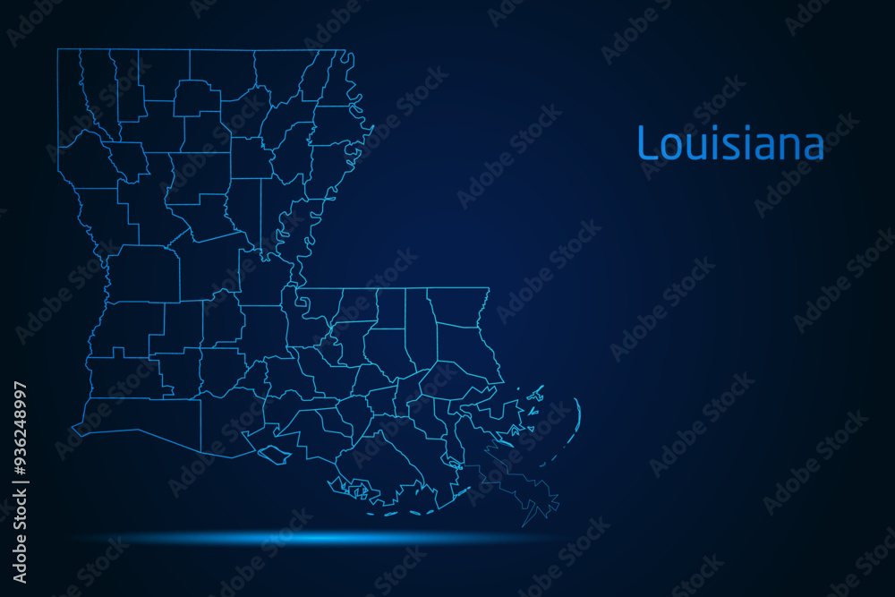 Obraz premium Abstract High Detailed Glow Blue Map on Dark Background of Map of Louisiana symbol for your web site design map logo, app, Travel. Vector illustration eps 10. 
