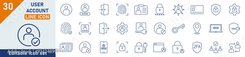 User account line icon set. Set of 30 outline icons related to profile, login, logout, password, user name, lock. Linear icon collection. User Account outline icons collection. Editable stroke.