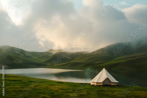 A single tent is set up near a tranquil lake surrounded by mist-covered rolling hills, creating a peaceful camping scene.