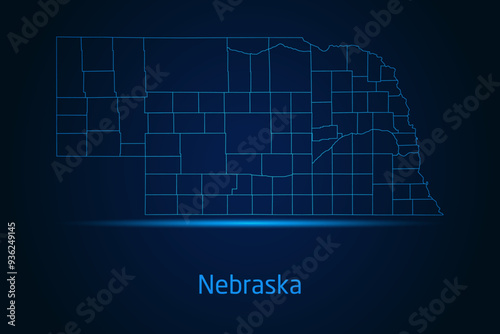 Abstract High Detailed Glow Blue Map on Dark Background of Map of Nebraska symbol for your web site design map logo, app, Travel. Vector illustration eps 10.	
