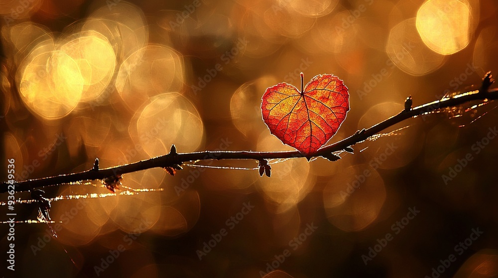 A heart-shaped leaf rests atop a branch against a hazy backdrop of foliage A heart-shaped leaf rests atop a branch against a hazy backdrop of foliage