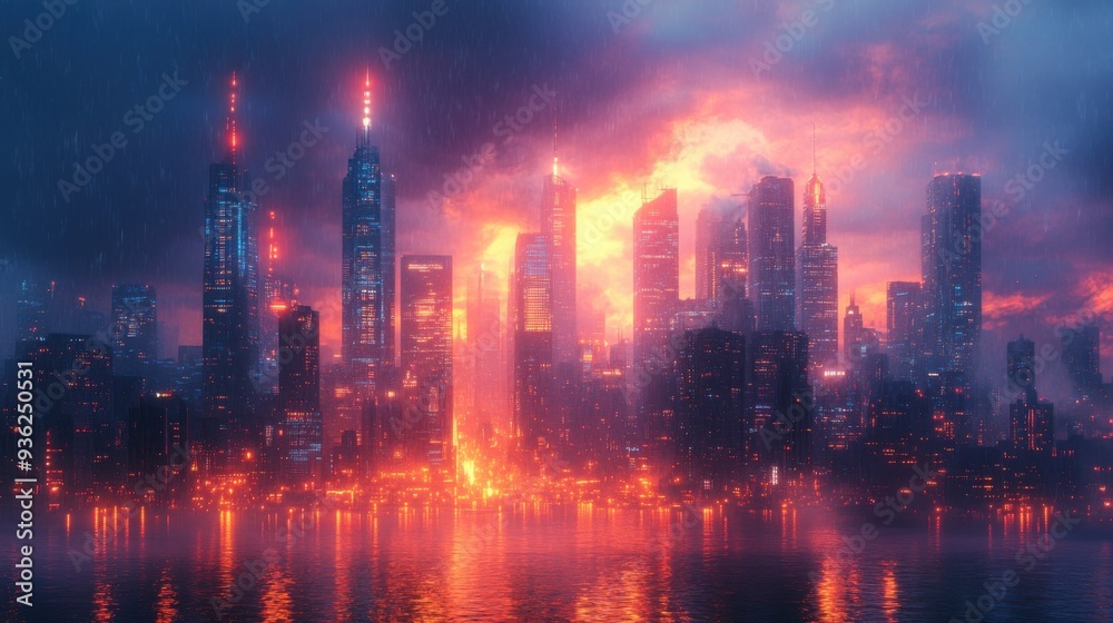 Fototapeta premium Futuristic city skyline at sunset with glowing skyscrapers and water reflection