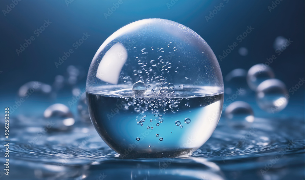 A glass sphere filled with water sits on a blue surface