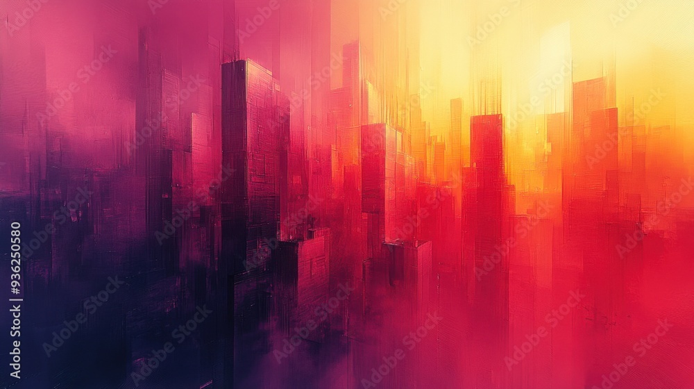 Abstract colorful cityscape painting with skyscrapers in vibrant red and yellow hues. Abstract colorful cityscape painting with skyscrapers in vibrant red and yellow hues.