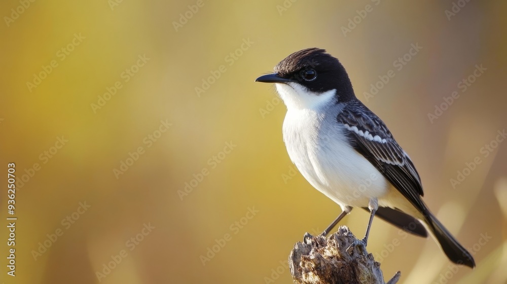 Kingbird on branch, sunlight, blurry background. Kingbird on branch, sunlight, blurry background.