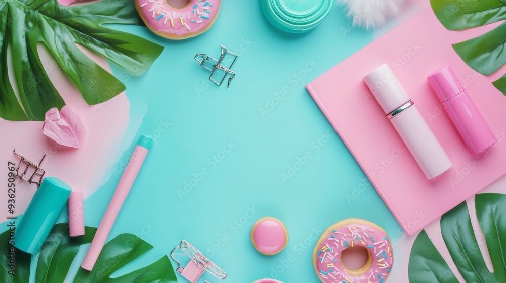 Notebook and beauty supplies on bright background Notebook and beauty supplies on bright background