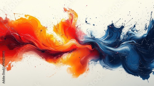 Vibrant abstract painting with swirling red and blue colors on white background. photo