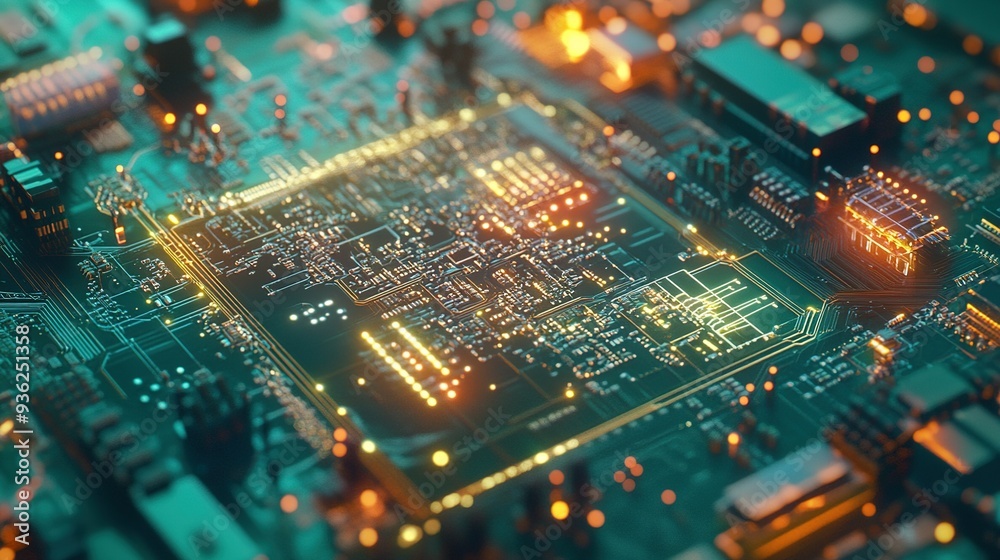 Close-up of a vibrant circuit board showcasing intricate electronic pathways and luminous details, captured in a technology lab setting Close-up of a vibrant circuit board showcasing intricate electronic pathways and luminous details, captured in a technology lab setting