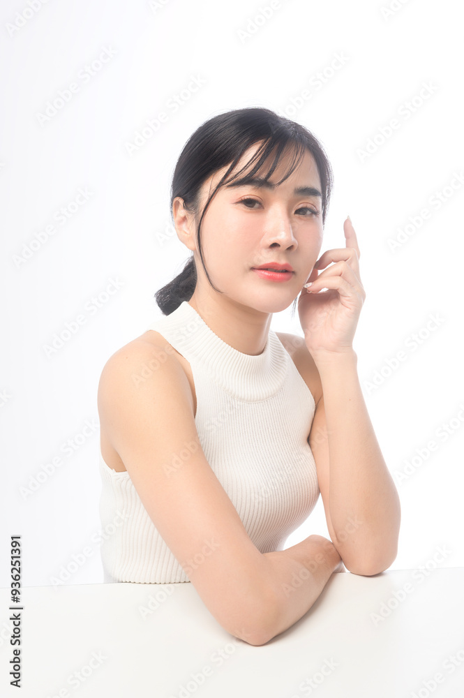 A portrait of young beautiful woman face with smooth healthy skin on white background , Skincare concept. A portrait of young beautiful woman face with smooth healthy skin on white background , Skincare concept.