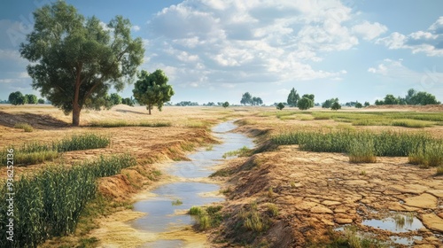 Heatwavestricken rural area, driedup riverbed and dehydrated crops, 3D illustration photo