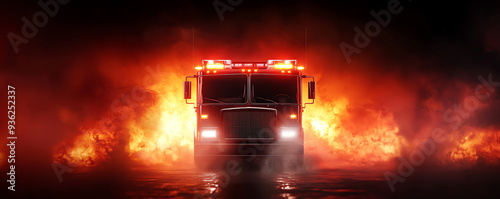 A striking image of a fire truck battling flames, showcasing urgency and heroism in emergency response.