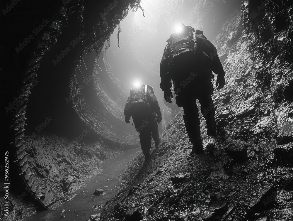 silhouetted miners descending into a cavernous underground coal mine dramatic lighting from headlamps pierces the darkness creating a stark contrast and sense of danger silhouetted miners descending into a cavernous underground coal mine dramatic lighting from headlamps pierces the darkness creating a stark contrast and sense of danger