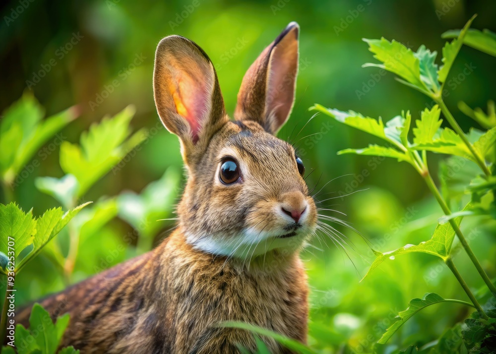 Fototapeta premium Adorable wild rabbit with soft fur and twitching whiskers pauses amidst lush green undergrowth, sniffing the forest air with curious, big brown eyes.