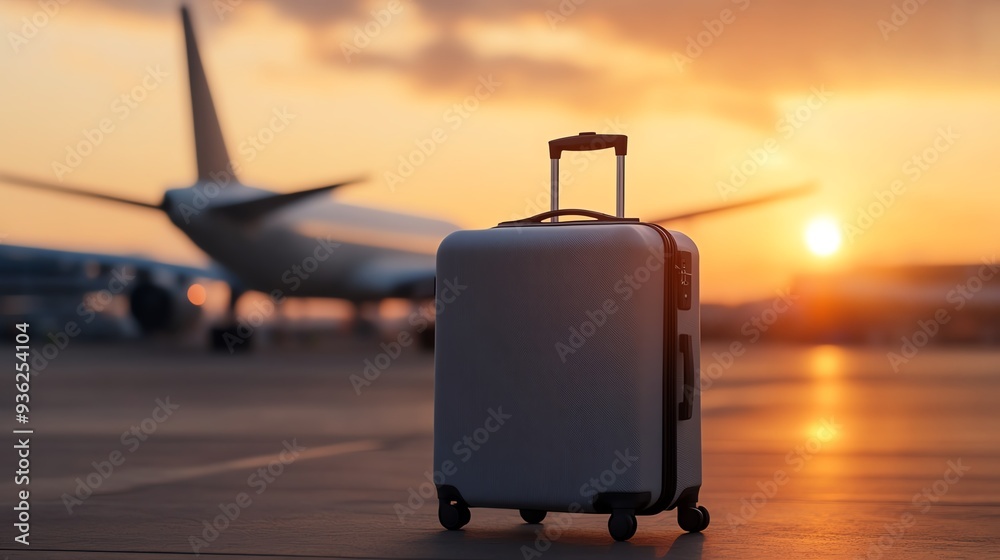 A white suitcase stands alone on an airport tarmac during sunset, symbolizing travel and adventure. A white suitcase stands alone on an airport tarmac during sunset, symbolizing travel and adventure.