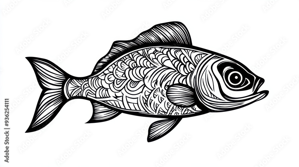 Outline illustration of a black and white fish for drawing and coloring on white background Outline illustration of a black and white fish for drawing and coloring on white background