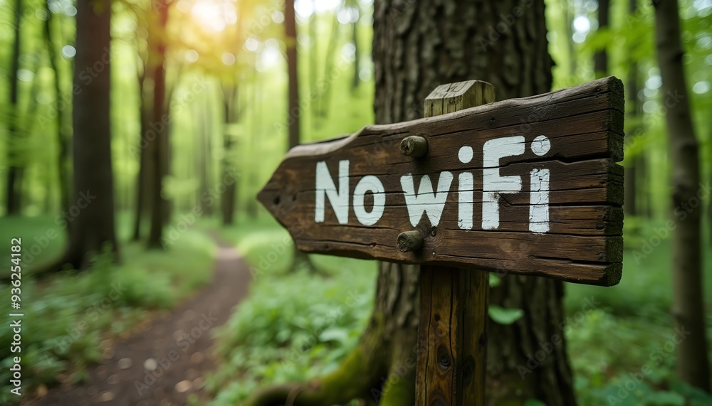 Rustic Wooden Sign in Lush Forest - 'No WiFi' Symbolizing Digital Detox in Nature Rustic Wooden Sign in Lush Forest - 'No WiFi' Symbolizing Digital Detox in Nature