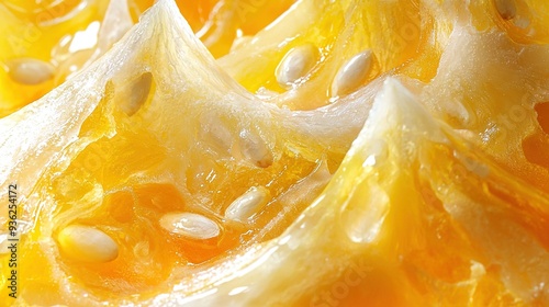   A close-up of a yellow fruit with white seeds on its interior
