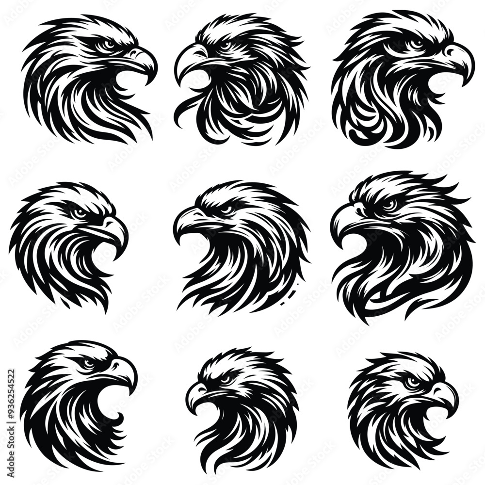Obraz premium Eagle Face Silhouette set, Bald Eagle Head Silhouette Vector Art Eagle face Silhouettes Clipart Bundle