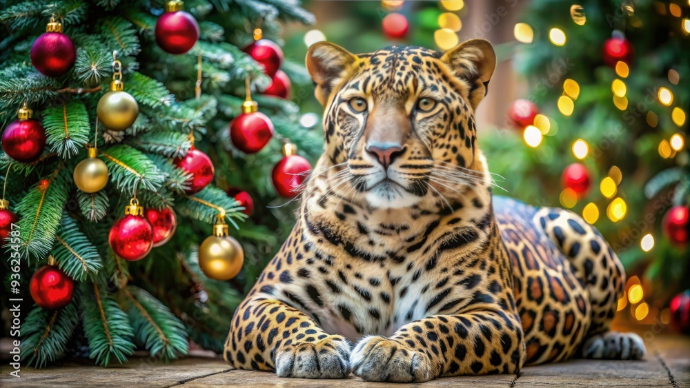 Fototapeta premium Adorned with colorful ornaments, a majestic leopard sitting in front of a festive Christmas tree, brings a touch of wild elegance to the holiday season.