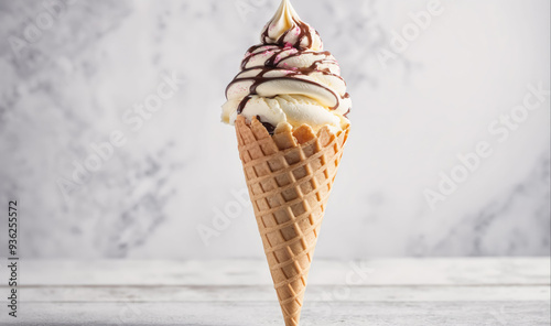 A single ice cream cone with vanilla soft serve and chocolate sauce sits on a white countertop photo