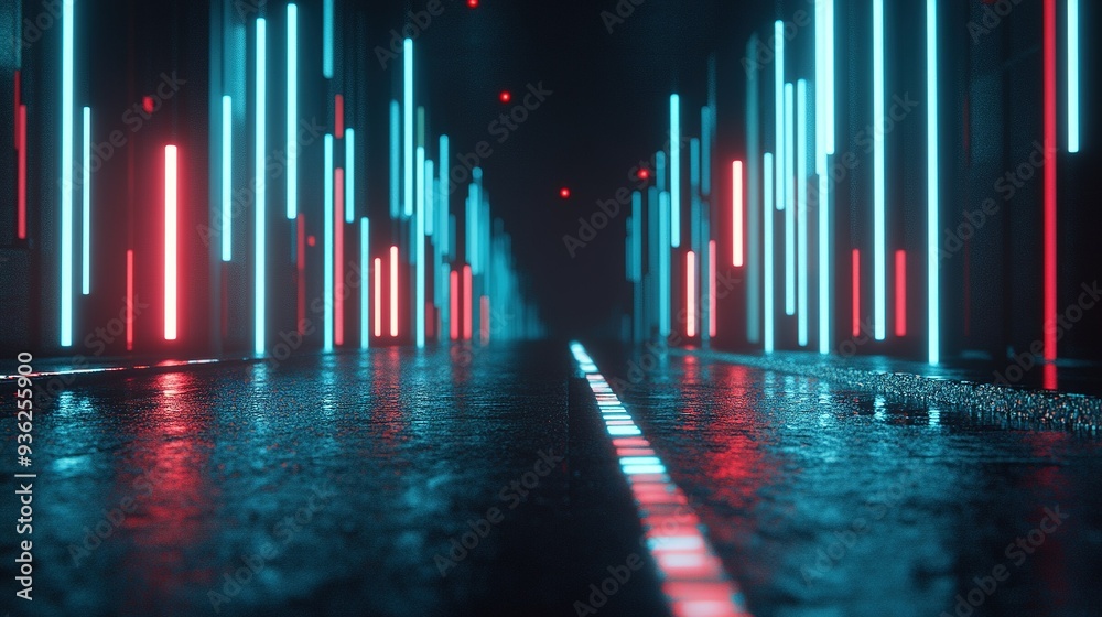 A futuristic alley illuminated by glowing neon lights at night in an urban setting, casting reflections on the wet pavement A futuristic alley illuminated by glowing neon lights at night in an urban setting, casting reflections on the wet pavement