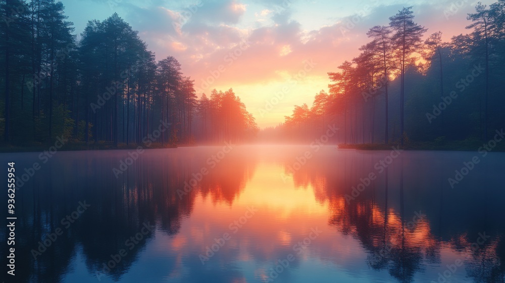 Tranquil dawn over misty lake surrounded by pine forest, reflecting vibrant sunrise colors. Tranquil dawn over misty lake surrounded by pine forest, reflecting vibrant sunrise colors.