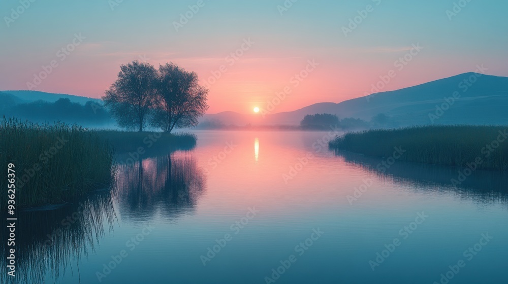 Serene sunrise over tranquil lake with reflection of trees and distant hills Serene sunrise over tranquil lake with reflection of trees and distant hills