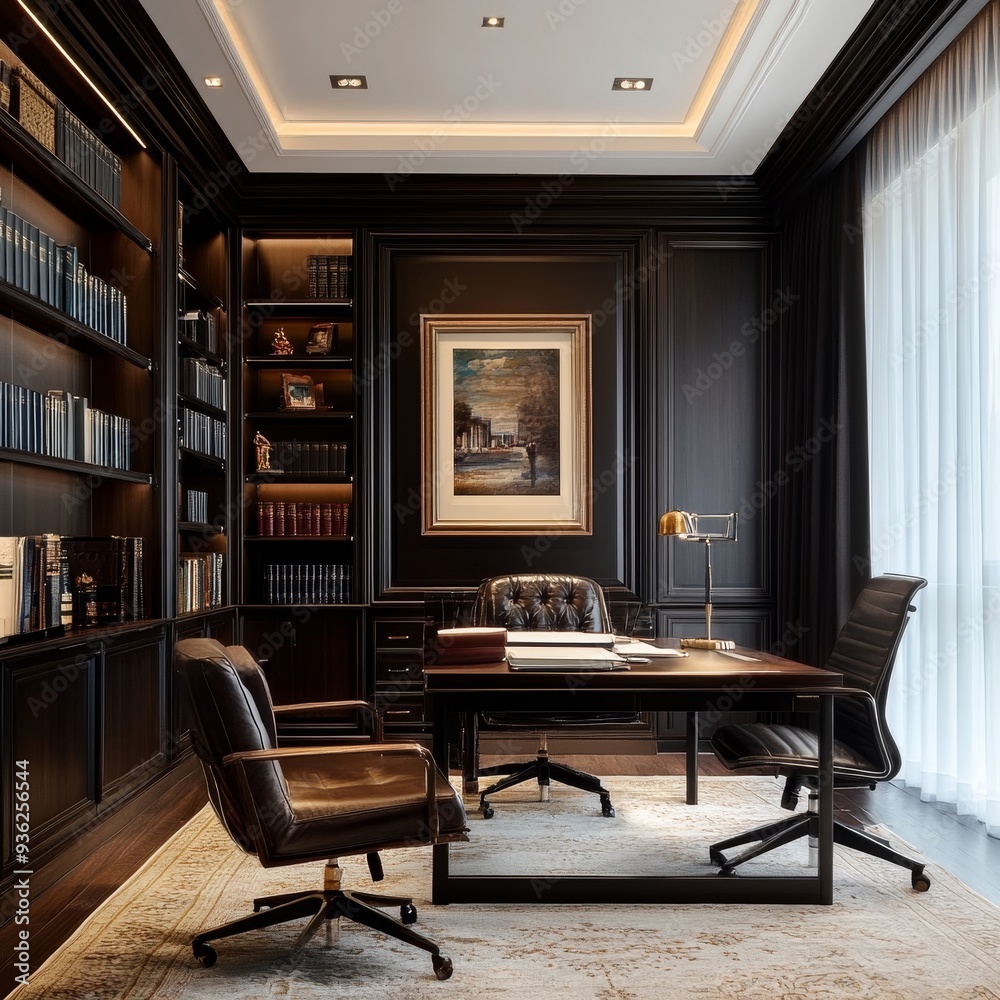 A clock hangs on the wall above the desk A clock hangs on the wall above the desk